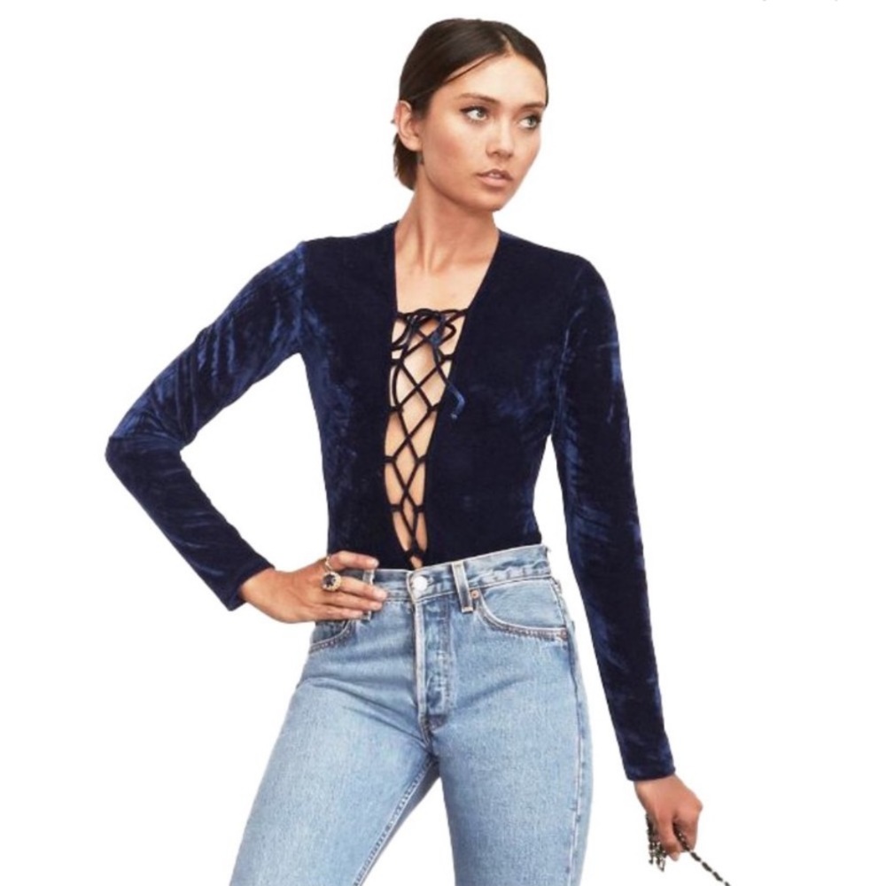 Reformation Blue Velvet Bodysuit